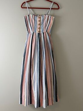 Free People Lilah 100% Cotton Striped Midi Dress Size XS Smocked Back
